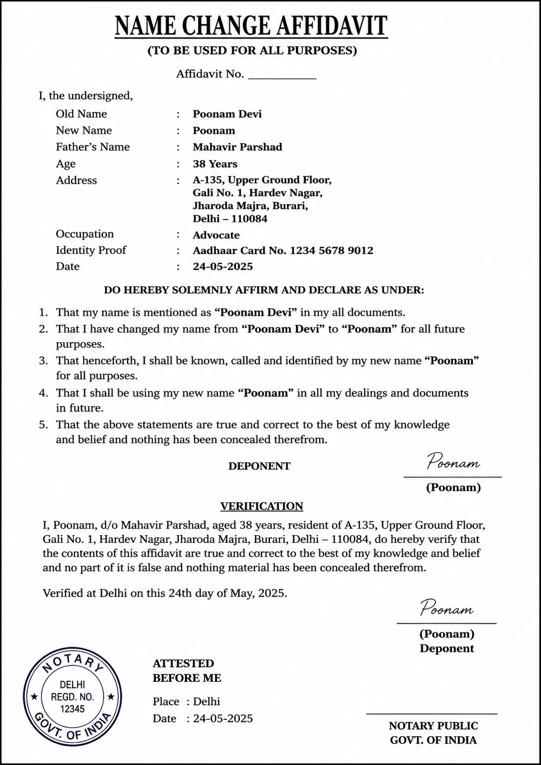 Name change affidavit on non-judicial stamp paper with a Notary Public seal